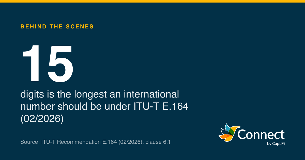 15: digits is the longest an international number should be under ITU-T E.164 (02/2026)