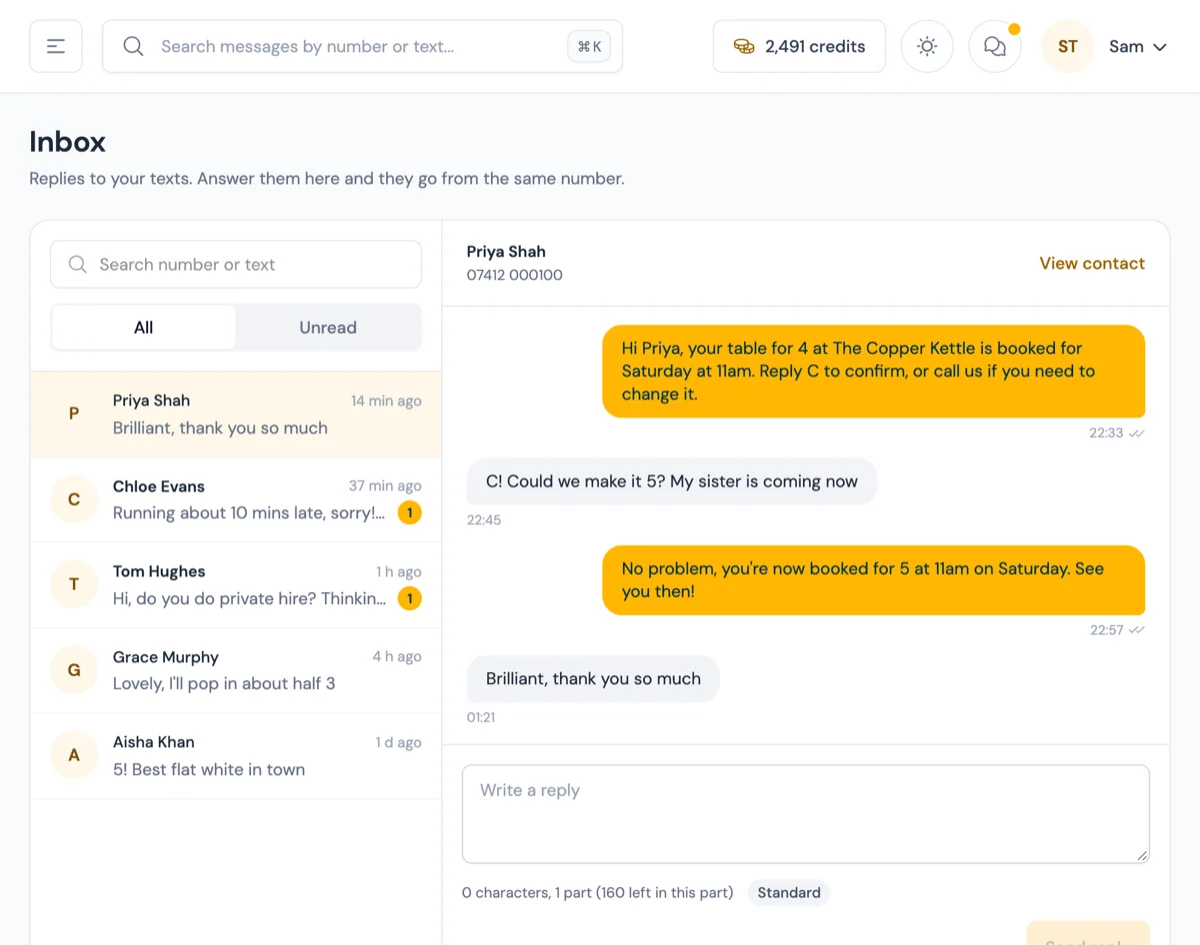 The inbox, showing a list of conversations and one thread of texts and replies